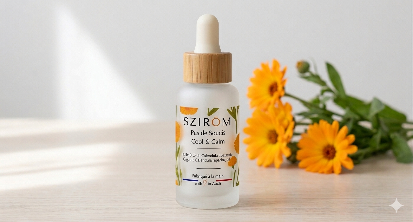 Szirom luxury serum on cream silk with rose petals